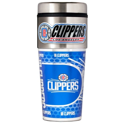 LOS ANGELES CLIPPERS 16 OZ STAINLESS STEEL COFFEE TRAVEL MUG WITH METAL EMBLEM Cover