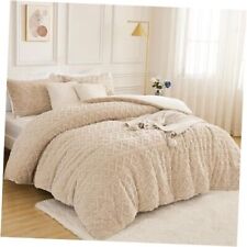 Fleece Comforter Set Soft Fluffy Faux Fur Comforter for Bed, Queen Beige