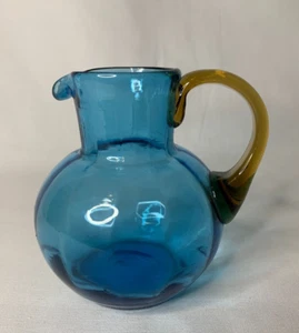 Blue Art Glass Pitcher Vase with Applied Brown Handle 4 1/2 inch Tall Miniature - Picture 1 of 9