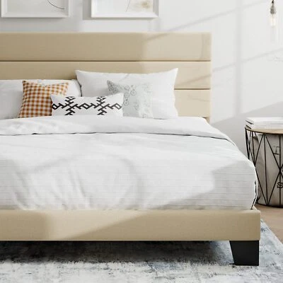King Size Platform Bed Frame with Upholstered Fabric Headboard, Beige - Image 1 of 4