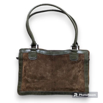 Bolso de mano Jaclyn Smith verde oliva cuero en relieve gamuza bolsillos interiores cremallera Foto 1 de 4