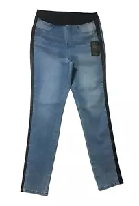 New DG2 Diane GilmanStretch Skinny M Jeans Faux Black Leather Stripe Pull up - Picture 1 of 14