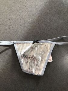 VICTORIA'S SECRET Silver Sequin V-String Thong Panty Black Bow S Sexy VS NWT