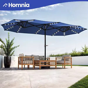 15 ft Outdoor Patio Market Umbrella Triple Head w/ Solar Power LED Bulb Crank - Picture 1 of 12