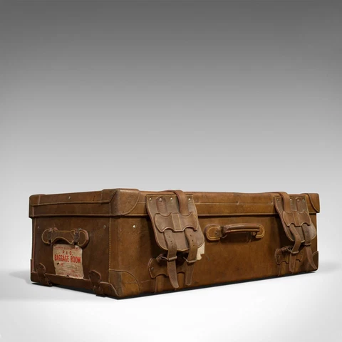 Very Large Antique Travel Suitcase, English, Leather, Steamer, Shipping Trunk Cover