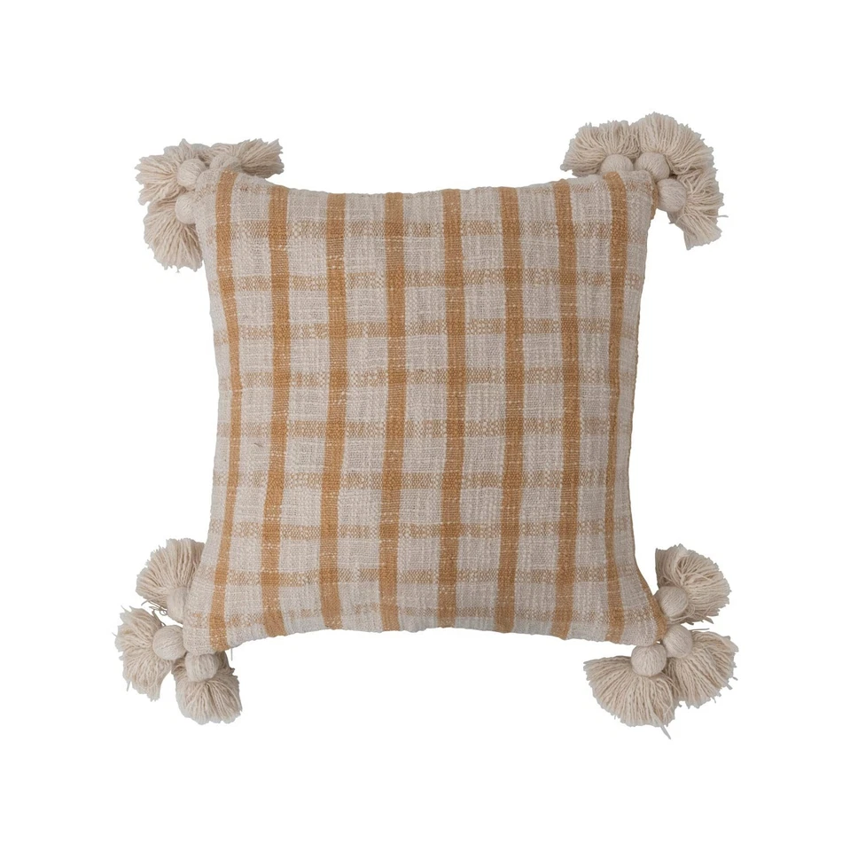 Woven Cotton Slub Plaid Pillow with Tassels - Imagem 1 de 2