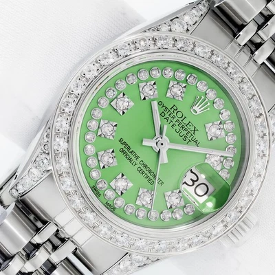 ROLEX LADIES DATEJUST STAINLESS STEEL GREEN DIAMOND DIAL - DIAMOND BEZEL WATCH - Image 1 of 4