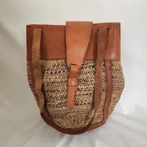 Vintage Sisalkorb geflochten Markttasche Klappverschluss Leder braun hochwertig - Bild 1 von 15
