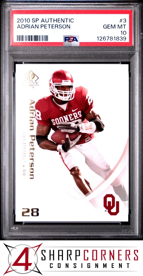 2010 SP AUTHENTIC #3 ADRIAN PETERSON VIKINGS POP 5 PSA 10 - Image 1 of 3