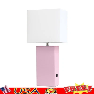 Lámpara de mesa contemporánea de cuero con puerto USB y pantalla de tela iluminación interior Foto 1 de 4