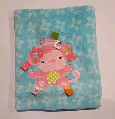 Taggies Pink Monkey Blue Baby Blanket - Fleece - Satin Tags Tabs - Flower Print - Image 1 of 4