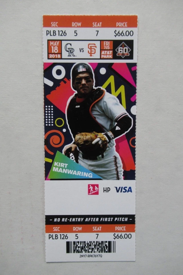 SAN FRANCISCO GIANTS VS ROCKIES 5/18/2018 FULL TICKET ~ KIRT MANWARING - Изображение 1 из 1
