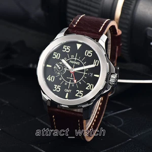 Parnis GMT Automatic Mechanical Men Wristwatch Date Indicator Leather Strap New - Picture 1 of 36