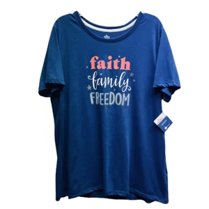 Womens T-Shirt Blue Short Sleeve Scoop Neck Faith Family Freedom July 4th L New - Picture 1 of 8