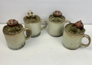 Ugly Face Redware Sculpted Pottery Mugs Cups Set of 4 CCCC Japan Gecko Lizard - Picture 1 of 12