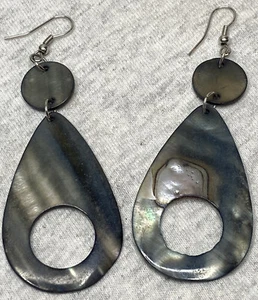 Vtg Silver Abalone Rainbow Shell Dangle Pierced Earrings - Picture 1 of 12