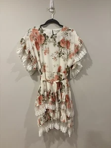 NWT Aura Floral Maxi Dress Tiered Flutter Sleeve Lace Tie Waist Women's sz Large - Picture 1 of 6