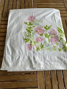 Martex Floral Full Flat Sheet White Eyelet Trim Pink Green Flowers Vtg 60s 70s - Picture 1 of 6