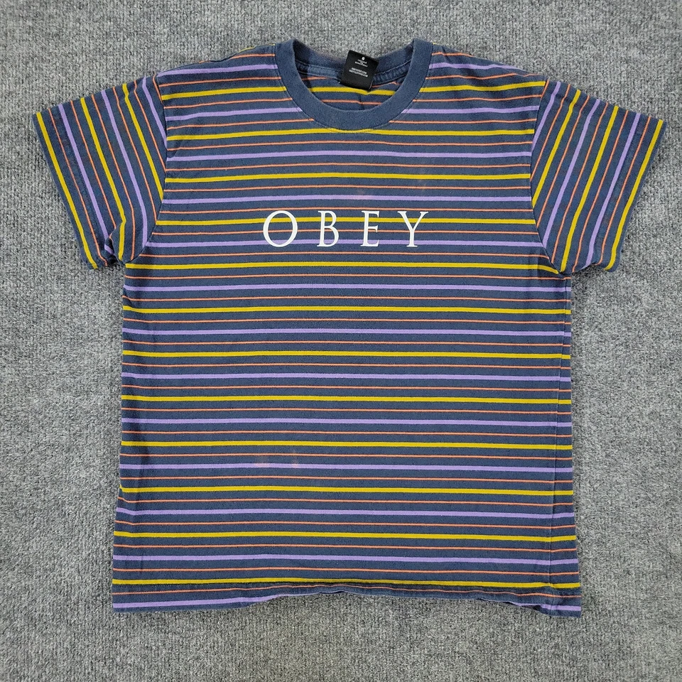 Obey Shirt Women's Small Blue Purple Striped Graphic Tee Short Sleeve Top Adult - Imagem 1 de 4