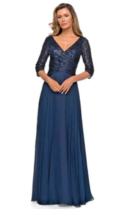 La Femme 3/4 Sleeve V-neck Sequin A-line Skirt Gown Dress Sz 12 navy *1115 - Picture 1 of 5