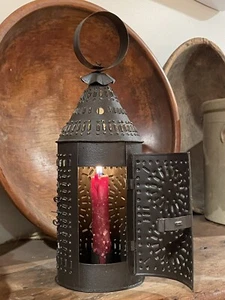 Punched Tin Rustic Lantern Candle Holder Black Hanging Or Standing W/Candle - Picture 1 of 10