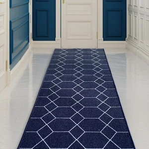 Custom Size Hallway Runner Hexagon Geometric Design Navy 26"&31" By Your Length - Picture 1 of 6