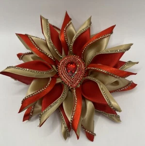 Ribbon Satin Flower BROOCH, Red Gold 7” Crystals Rhinestones Designer Handmade - Picture 1 of 16