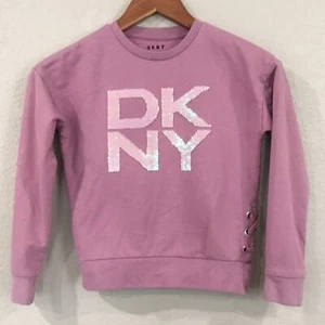 DKNY Girls Sz M 8/10 Flip Sequin Logo Sweatshirt Casual Activewear - Picture 1 of 12