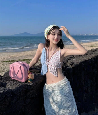 Haut camisole sexy épicé fille nœud tricoté style vacances dos nu sans manches - Photo 1/4