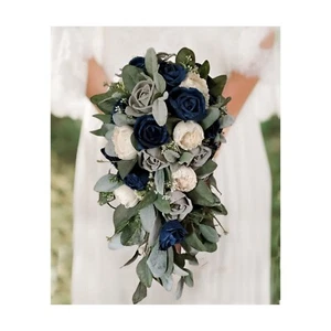 Navy Blue Gray Bridal Bouquet and Sola Wood Natural Lasting Wedding Prom Flowers - Picture 1 of 10