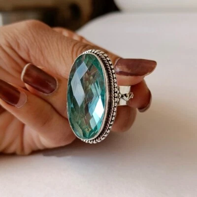Engel Aquamarin Apatit Edelstein 925 Sterling Silber Handgemacht Ring Alle Größe - Bild 1 von 4