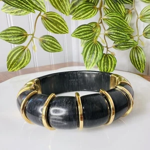 Kara Ross Black Label by Chico’s Ebony Black Resin Clamper Bracelet Bangle Gold - Picture 1 of 14