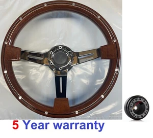 CLASSIC 3 SPOKE WOOD RIM WOODEN STEERING WHEEL AND BOSS KIT HUB FIT ALL NISSAN - Picture 1 of 5