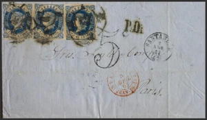 Cantabria. Historia Postal. SOBRE 59(3). 1863. 12 cuartos azul, tres sellos. S - Imagen 1 de 1