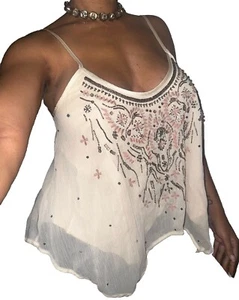 Vintage Y2K 2000s Abercrombie & Fitch A&F Embroidered Babydoll Sheer Tank Top M - Picture 1 of 8