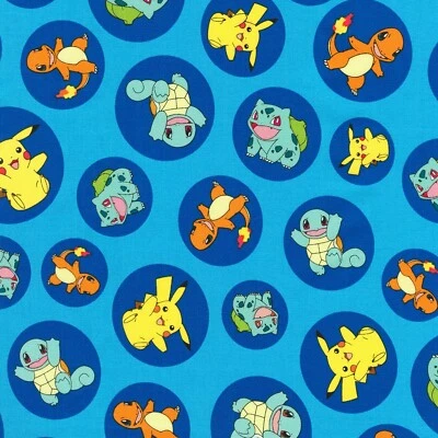 ROBERT KAUFMAN Fabric Pokemon Characters in Circles KAUFMAN Blue 1/4 Yard 7214