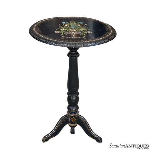 Antique French Victorian Ebonised Tilt Top Round Table w/ Mother of Pearl Inlay Cover
