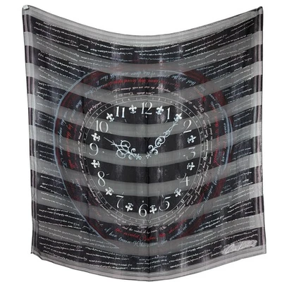 Vintage Anne Klein Silk Scarf Clock 20.5" Square Black Teacher Time Calligraphy - Image 1 of 4