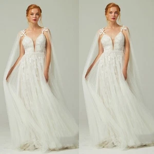 Wedding Dresses with Cape Spaghetti Straps Lace Applique Full Length Bridal Gown - Picture 1 of 9