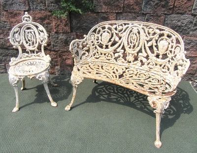 Antique Victorian Cameo Cast Iron Garden Porch Set Settee Chair - Image 1 of 4