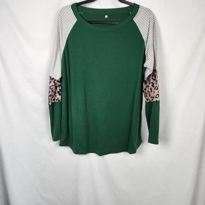Top de mujer verde manga larga a rayas con estampado animal de leopardo XL bloques de colores Foto 1 de 4