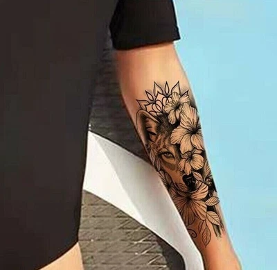 QUEEN OF ENVY Beautiful Wolf Flowers Temporary Tattoo Fake Waterproof Tattoos Womens Arm Leg