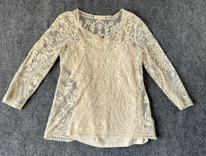 Adiva Damen Blumenmuster Häkel offen Strick 3/4 Ärmel Top beige Small mit Unterhemd - Bild 1 von 8