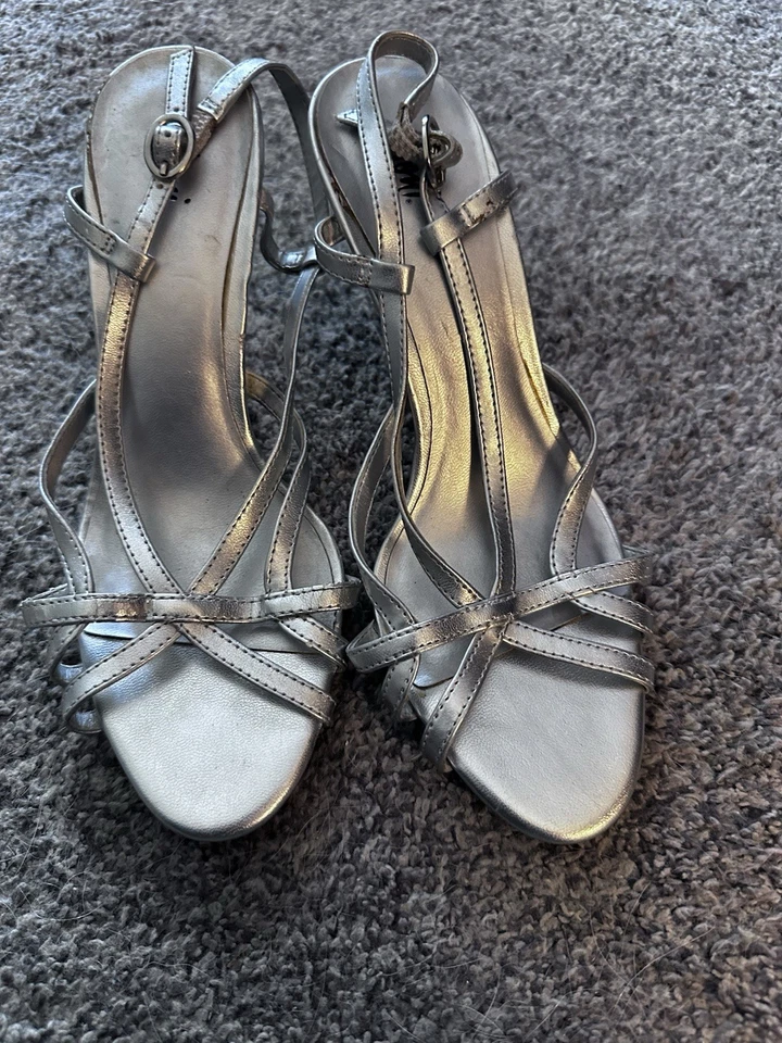 Fioni Night Women’s  Silver Back Strap Kitten Heels, Open Toe Sz 7.5 - Image 1 of 4
