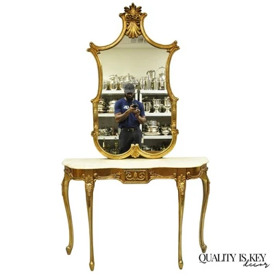 Vintage French Louis XV Victorian Style Gold Gilt Console Table & Mirror - 2 Pcs - Image 1 of 4
