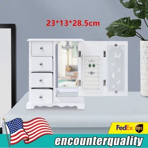 Women Gift Jewelry Wood Box 4 Drawers Organizer Velvet Built-in Mirror Bedroom - Picture 1 of 12