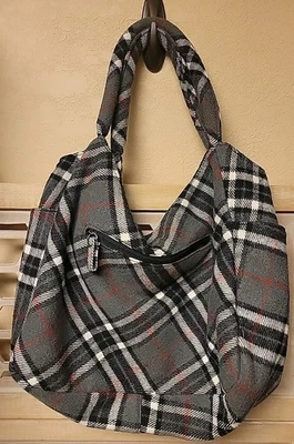 slouchy plaid hobo bag. gray.red. white 14 × 12. - Image 1 of 4