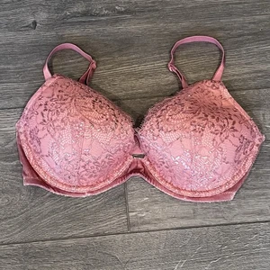 Victoria’s Secret sehr sexy BH Gr. 32DD rosa Spitze & Glitzer Push Up - Bild 1 von 5