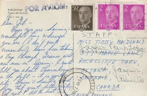 Spain to Canada BARCELONA ppc OTTAWA Barrel Cancel Redirection 1957 - Picture 1 of 1