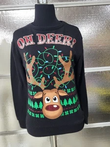 No Boundries -XSmall- Ugly Christmas Lite Weight Sweater Black - Oh Deer! - Picture 1 of 4